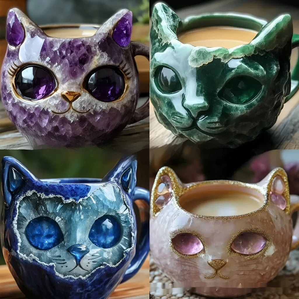 Handcrafted purple geode crystal cat mug made from synthetic resin, showing detailed pastoral style.