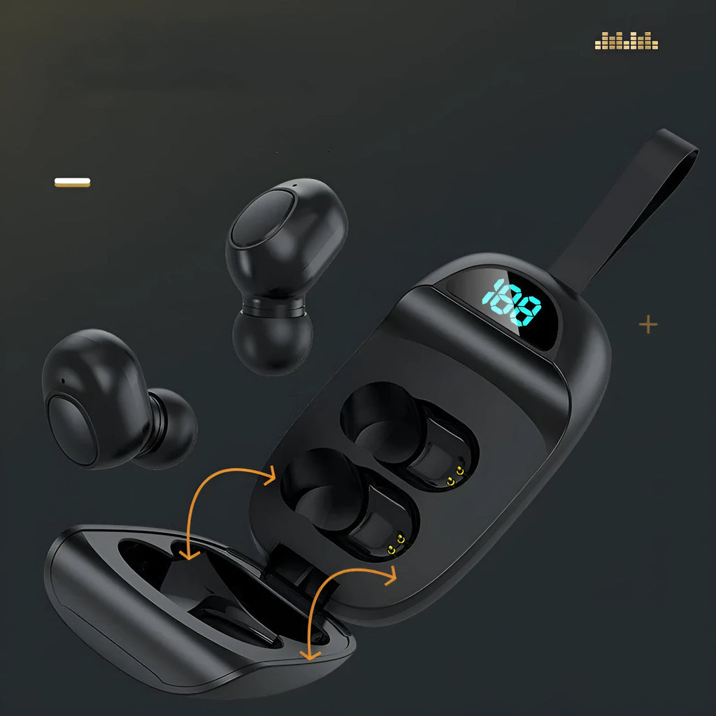 Black JS25 True Wireless Stereo Bluetooth headset with earbuds and charging case on a white background.