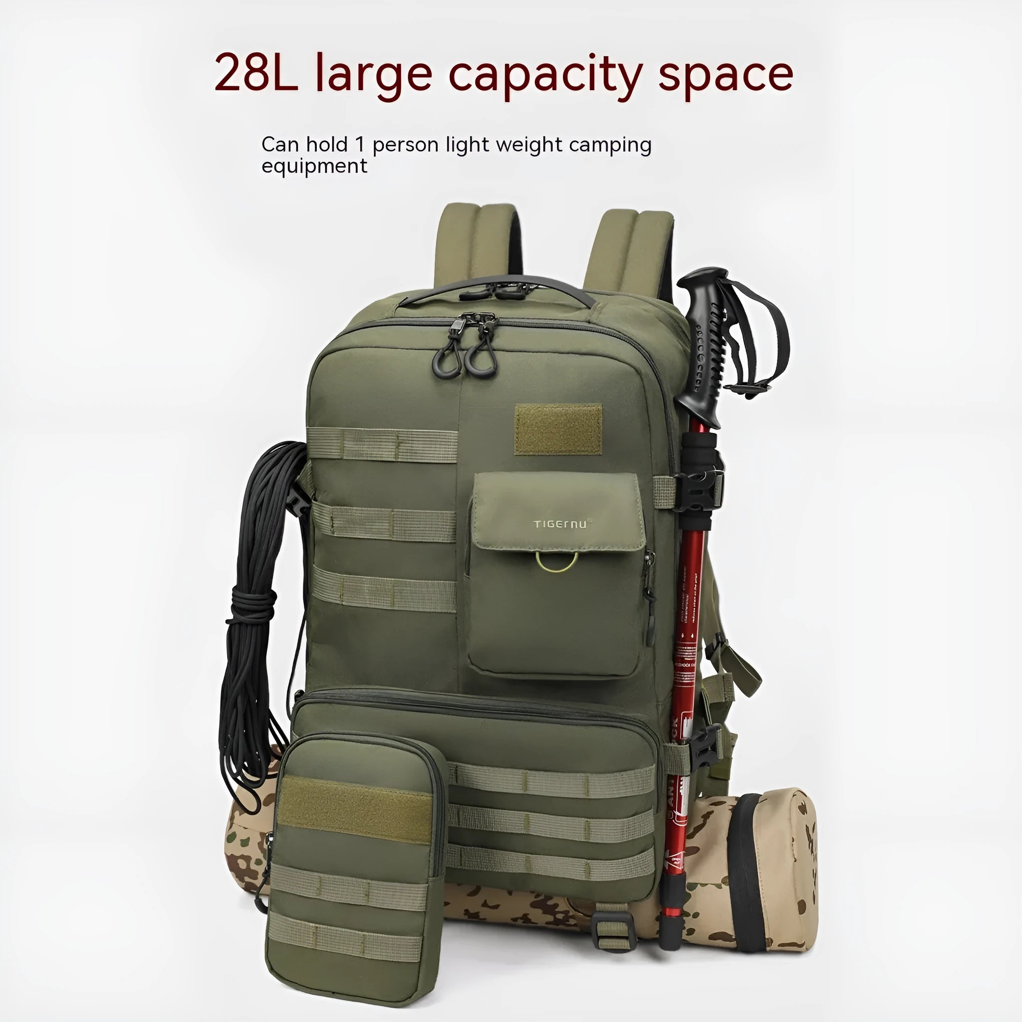Army green tactical backpack with waterproof nylon construction showing 17-inch size and organisational compartments