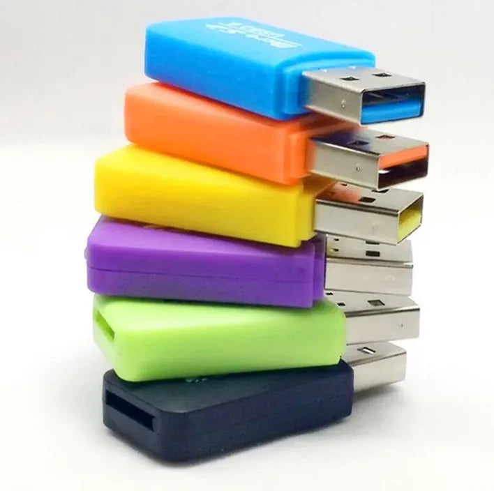 Mini USB TF and SD card reader showing USB-A plug and card slots, measuring 4.5cm.
