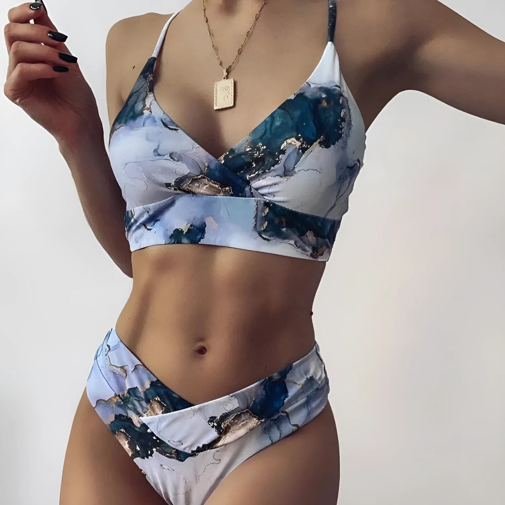 Women's marble tie-dye high waist bikini swimwear with U-neck design in separated two-piece style