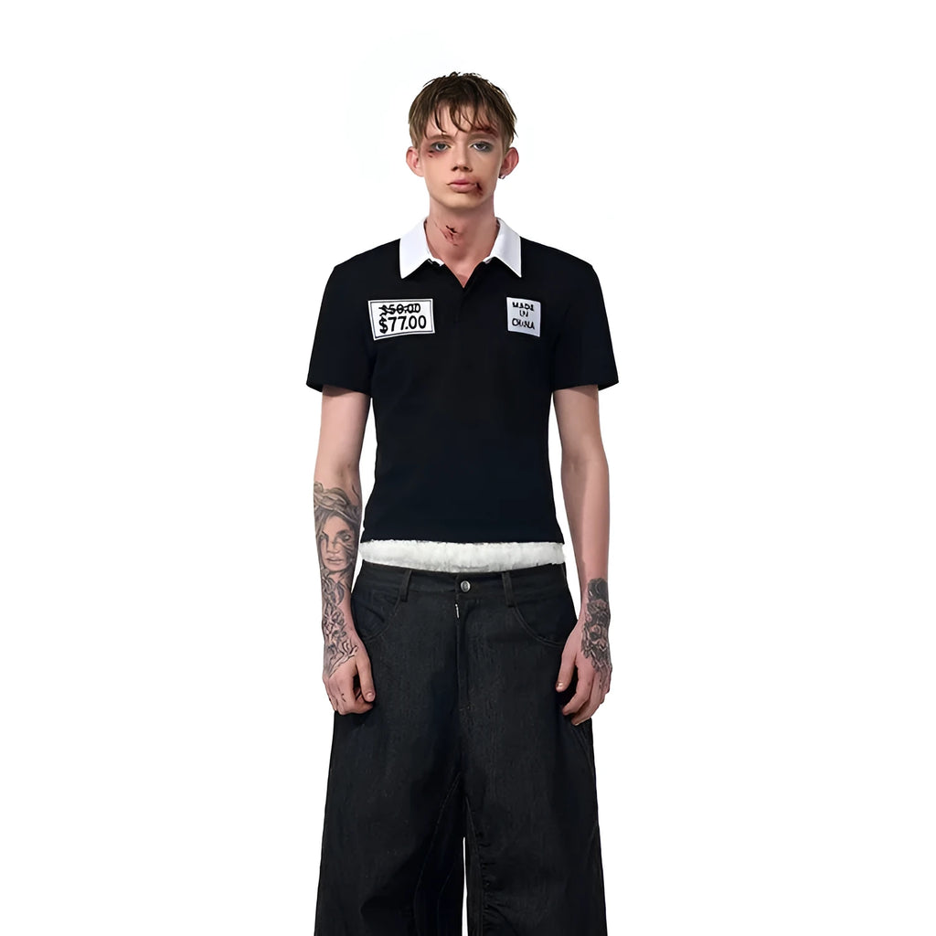 Black slim fit men's short sleeve polo shirt with embroidery detail on front
