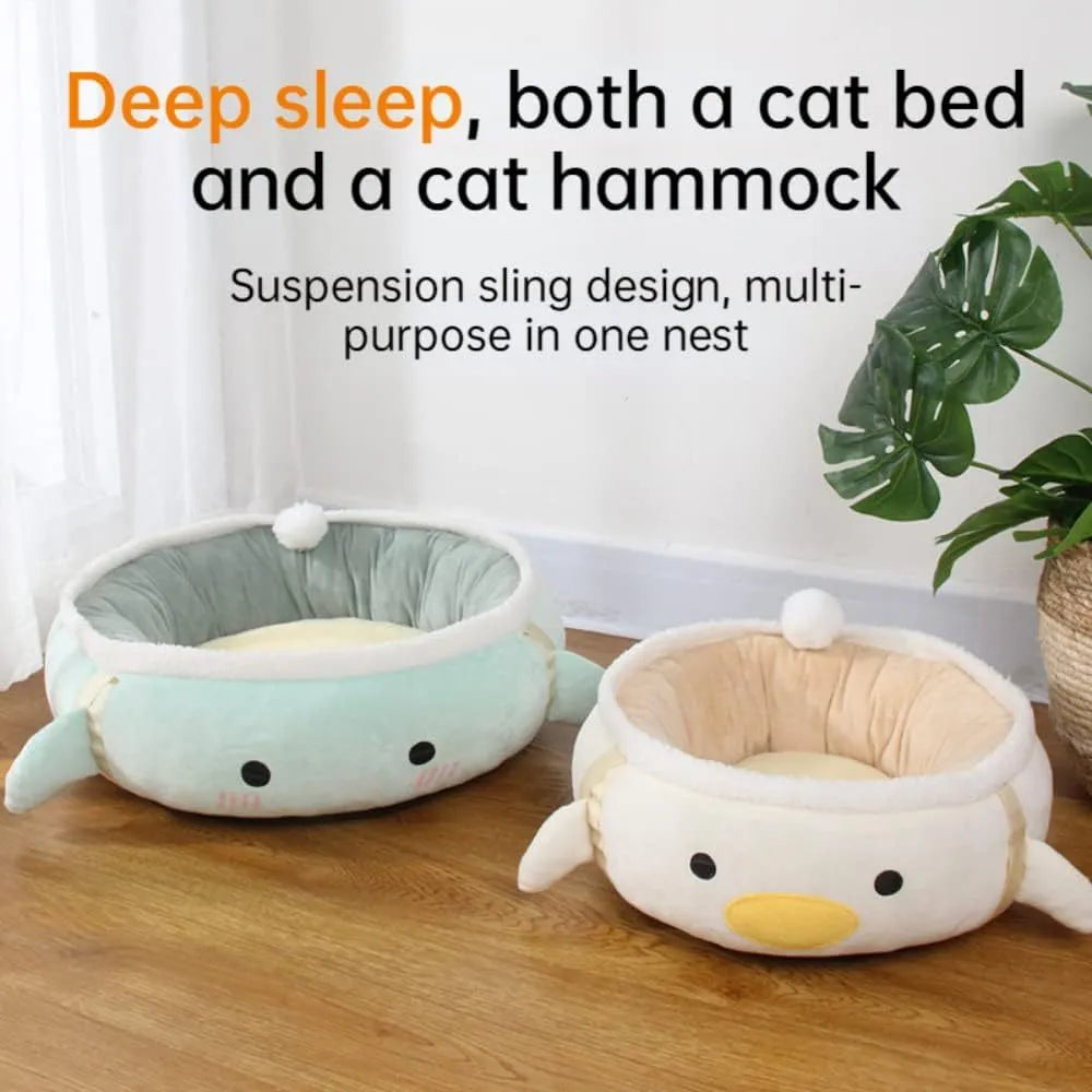 Green chick and dinosaur shaped cat bed shown both flat and hung as a hammock for small pets.