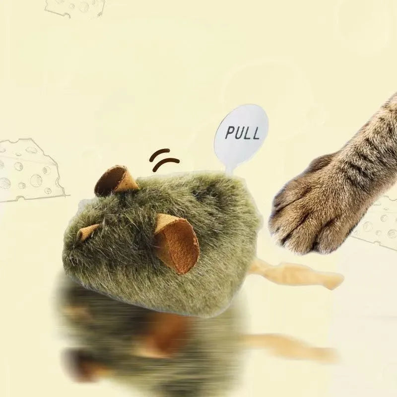 Plush mouse cat toy with tail, flannel surface and lanyard for interactive chirping play