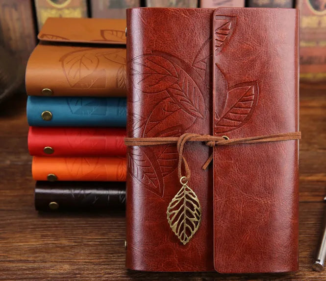 Artificial leather leaf-shaped notepad diary with beige paper, 150 pages, brown colour, large size