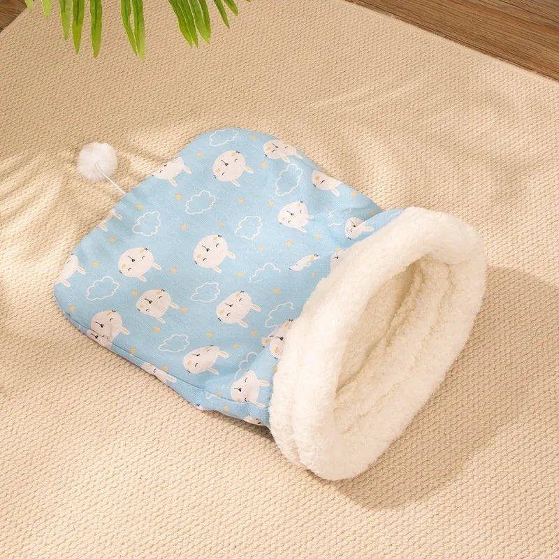 Blue rabbit patterned diablement pp cotton cat sleeping bag nest, 50cm by 40cm.