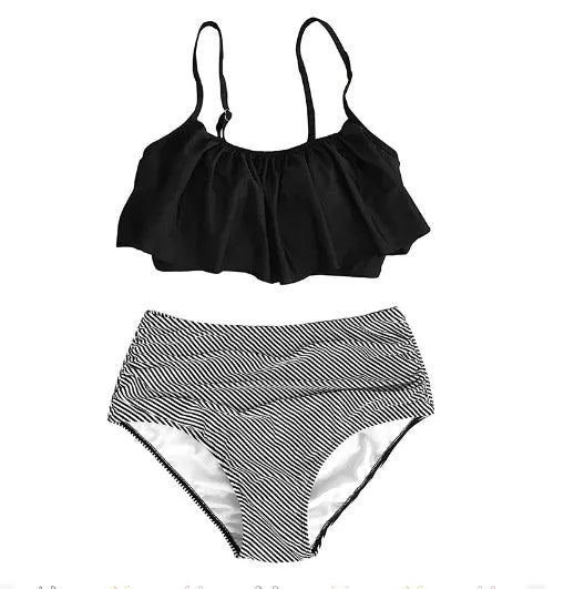 Women's conservative high-waisted swimsuit with ruffle detail and split bottom in polyester fabric