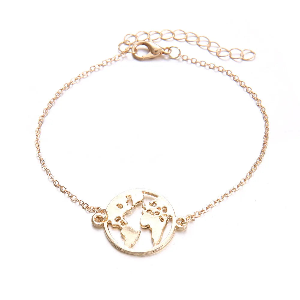 Women's three-piece bohemian aircraft map charm bracelet set with heart-shaped alloy charms
