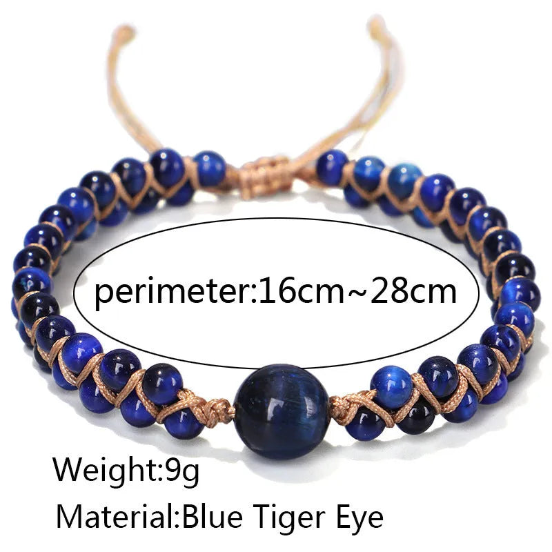 Handmade woven geometric pull bracelet with Tigereye and Amethyst beads in blue and purple colours