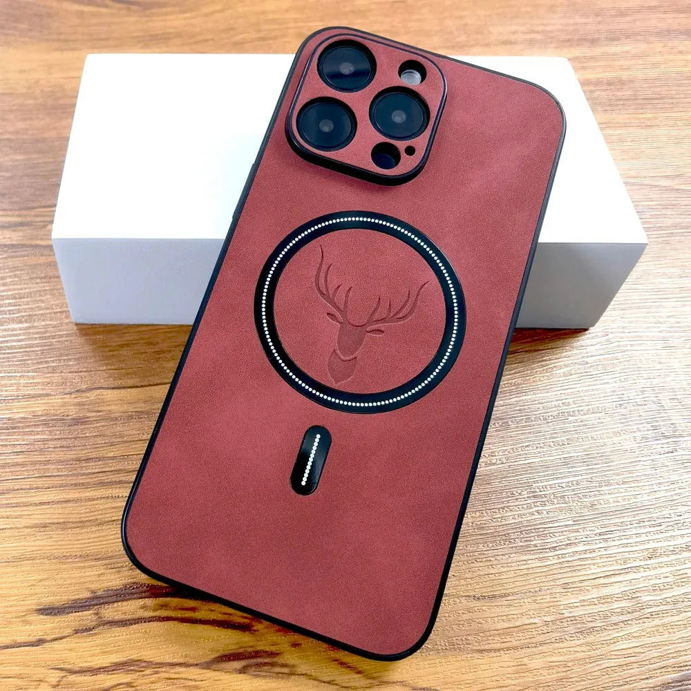 Magnetic sheepskin pattern imitation leather iPhone case in black, shockproof soft shell with anti-fingerprint and heat dissipation functions.