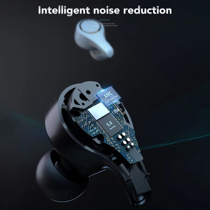 Black and white ANC Active Noise Cancelling Bluetooth headset with earplug design