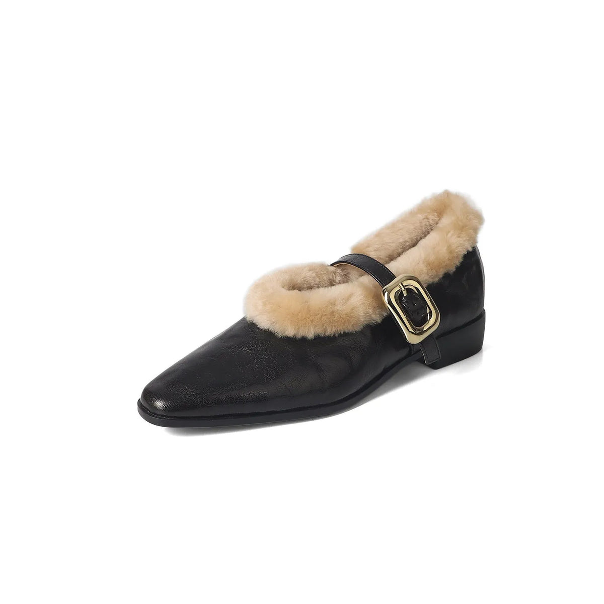 Women's sheepskin ankle-strap shoes with full-grain sheepskin upper, pointed toe and viscose sole in dark brown
