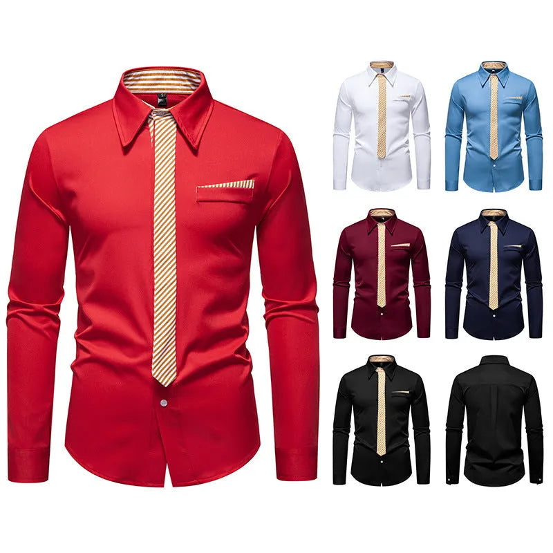 Men's long-sleeved polyester slim-fit cardigan style shirt in solid colour, front view