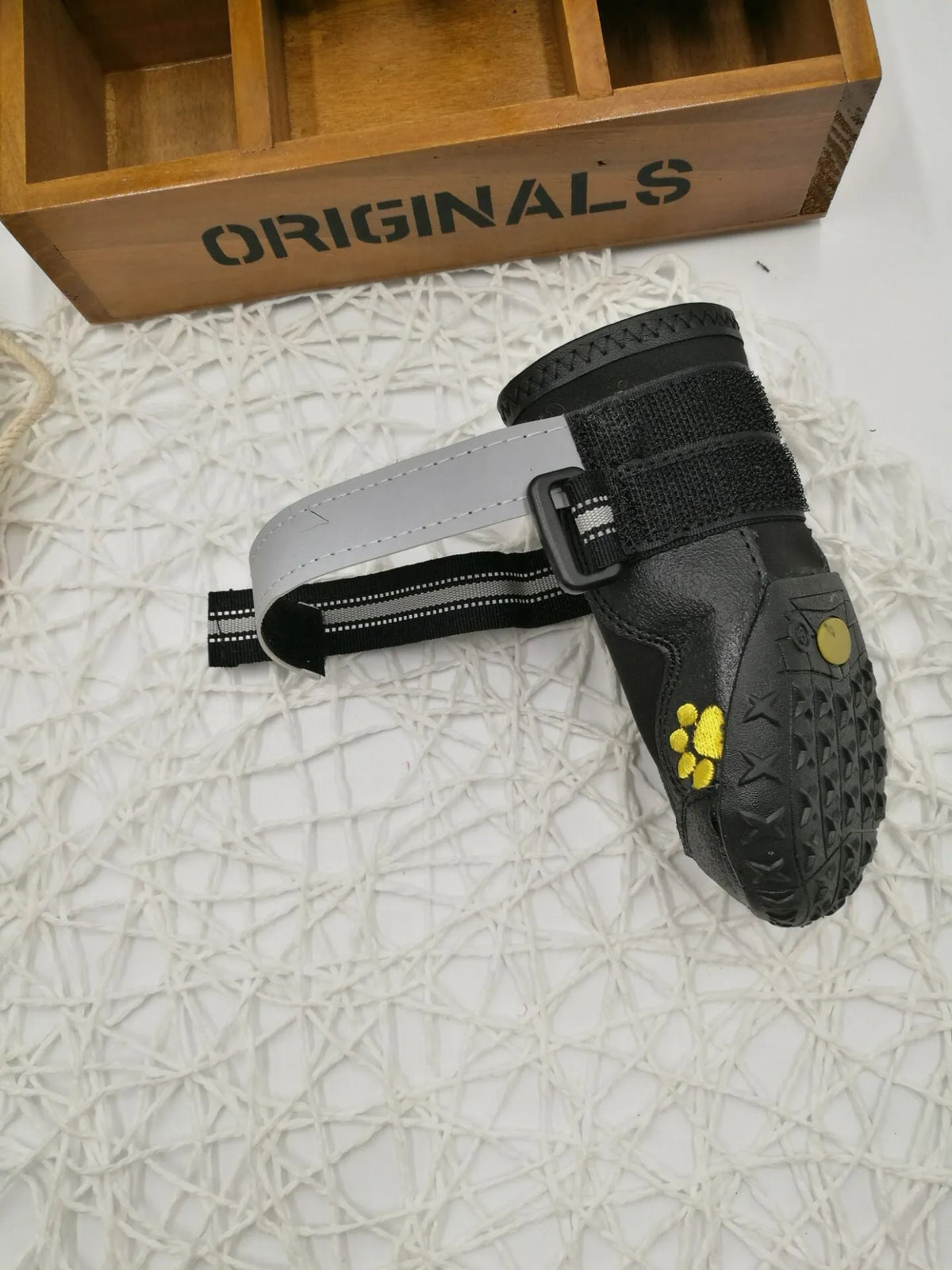 Black dog shoes with waterproof PVC sole and adjustable fuzzy strap, sizes 2-6, No1, No7, No8