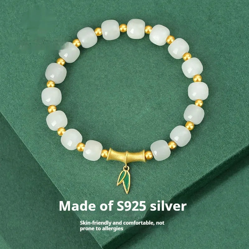 Sterling silver bracelet with natural Hetian jade bamboo leaf beads in zhizhu colour