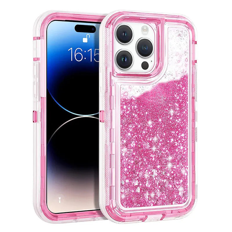 Liquid quicksand three-in-one phone case for iPhone 14 in pink with TPU PC airbag back cover