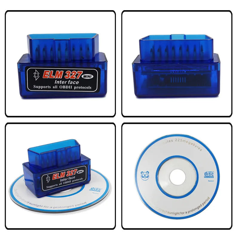 Small black ELM327 Bluetooth OBD2 diagnostic scanner plugged into a car's port.