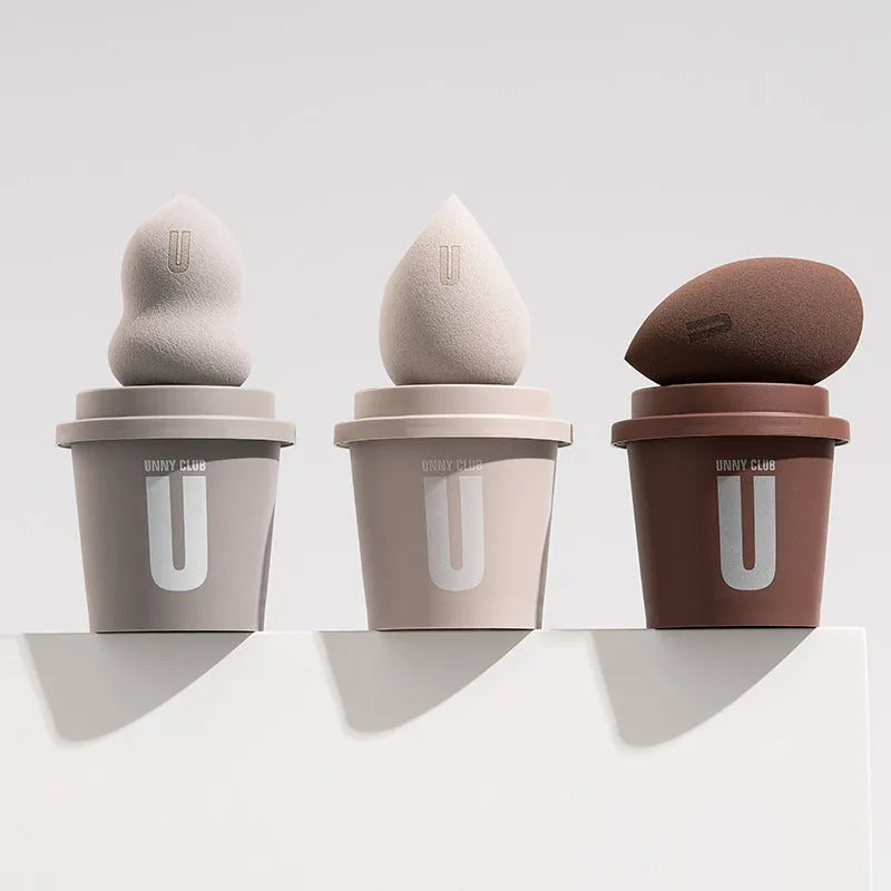 Three soft Unny makeup egg sponges in a pack, made from hydrophilic polyurethane, for liquid foundation blending