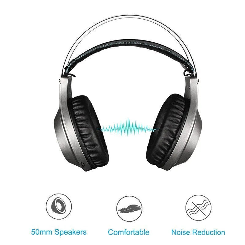 NUBWO N2 black and silver over-ear gaming headset with boom microphone and volume control on earcup.