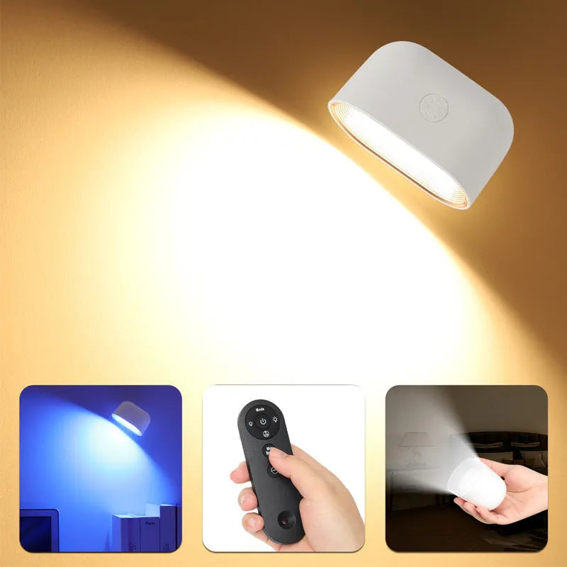 White remote control magnetic wall lamp showing touch panel and adhesive mounting.