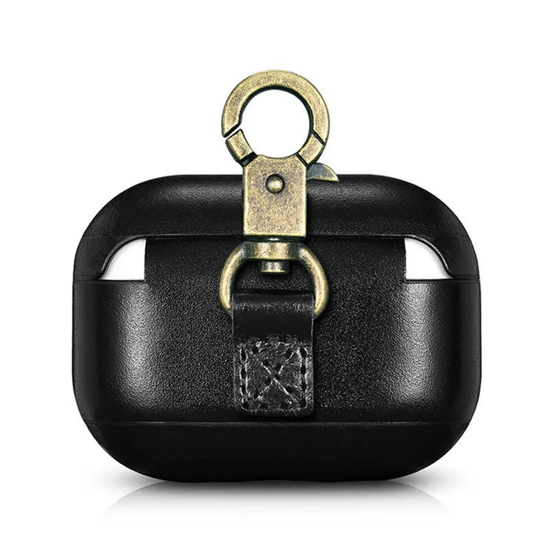 AirPods Pro protective sleeve flip case with ring buckle in brown plastic and leather