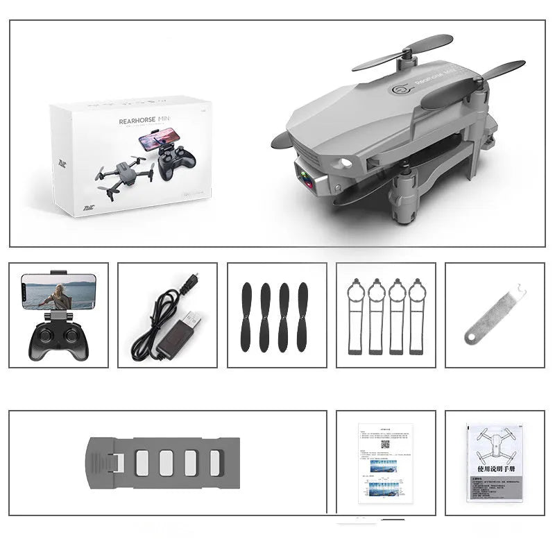 Folding drone with 4K HD camera, mini quadcopter toy RC airplane, black or grey, below 30cm, with remote control and battery.