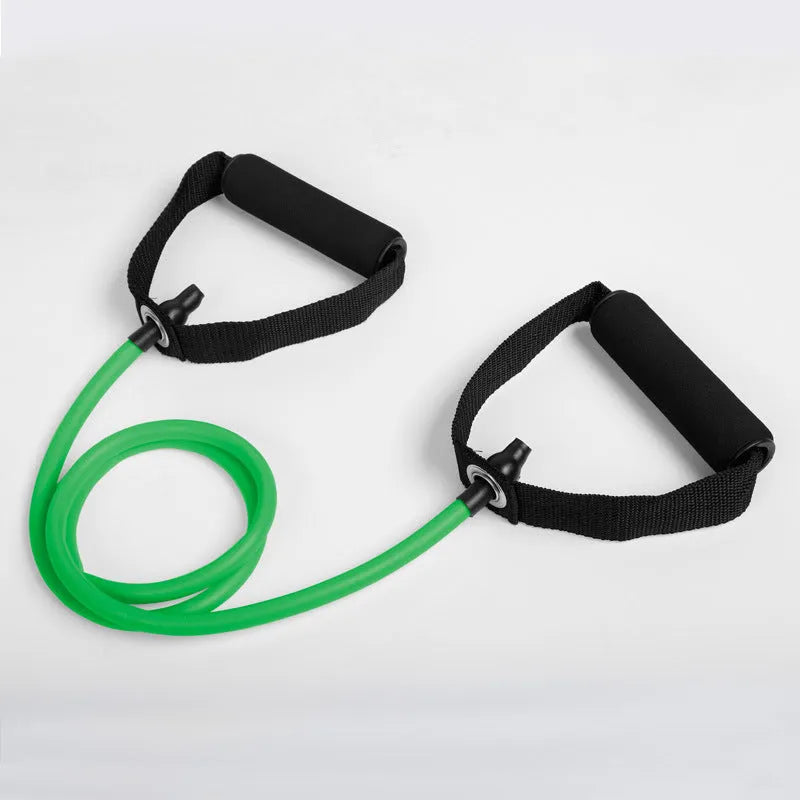 Five-colour latex pull up rope set with 120 cm hose, black 30lb, blue 25lb, green 20lb, red 15lb, yellow 10lb resistance bands