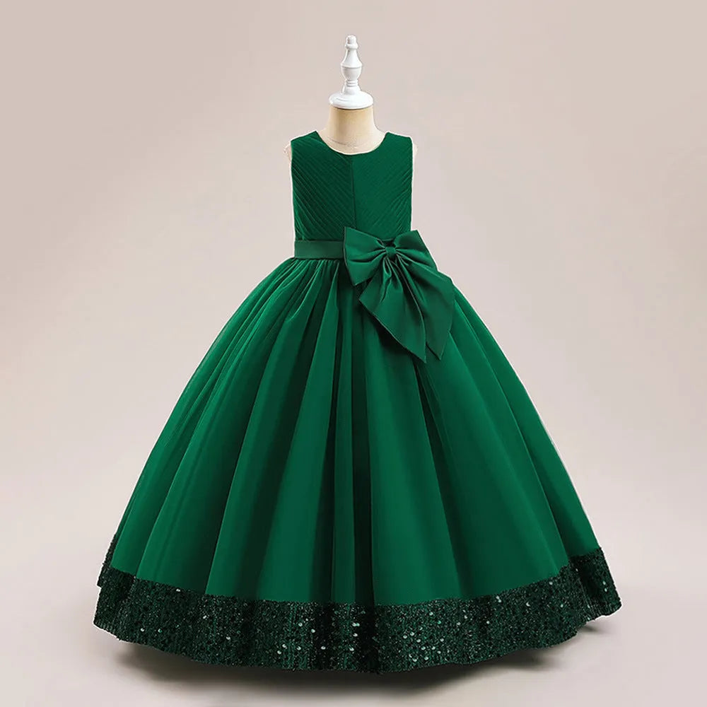 New Sequins Children's Mesh Dress in cotton blend, available in avocado green, bean pink, dark green, purplish red, and white, for girls 120-170cm height