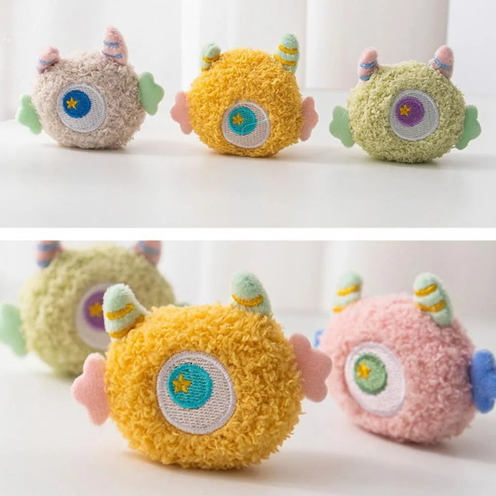 Cartoon plush squeaky dog chew toy with big eyes in grey, green, pink, white or yellow colours