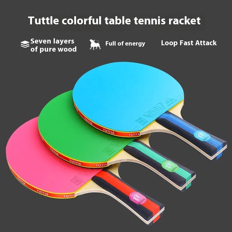 Colourful table tennis racket with pure wood blade and protective bag in pink, blue or green shakehand grip