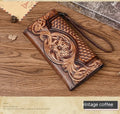 Retro brown tri-fold leather wallet with embossed floral pattern, shown open to reveal multiple card slots and compartments.