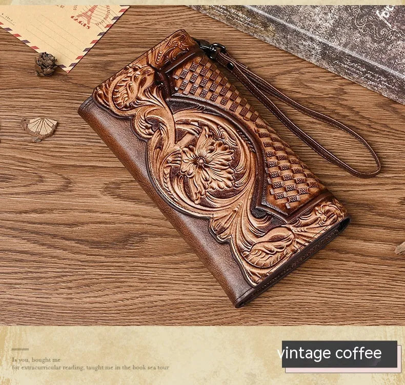 Retro brown tri-fold leather wallet with embossed floral pattern, shown open to reveal multiple card slots and compartments.