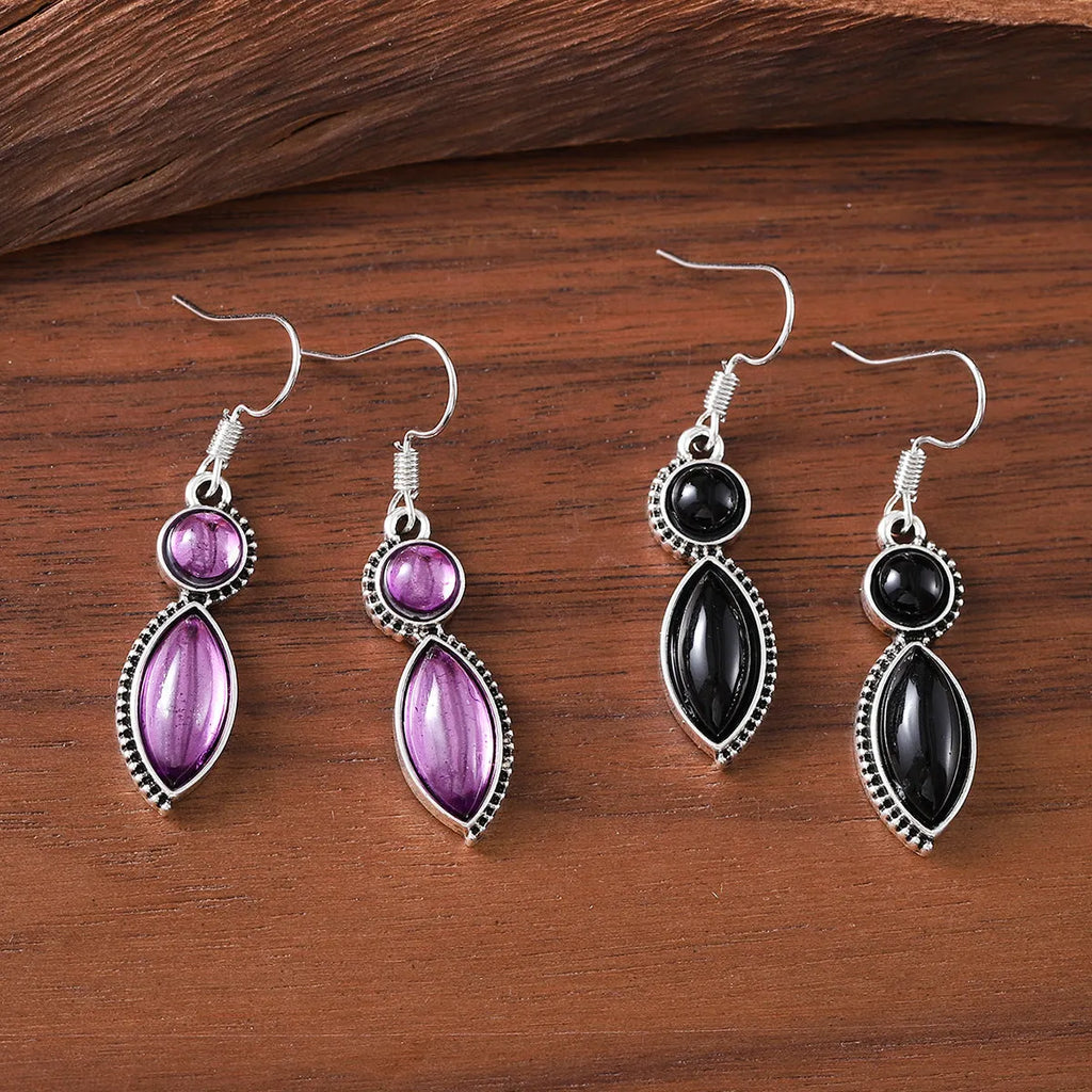 Vintage geometric pendant earrings in zinc alloy with electroplated finish, shown in black or purple, women's retro bohemian style.