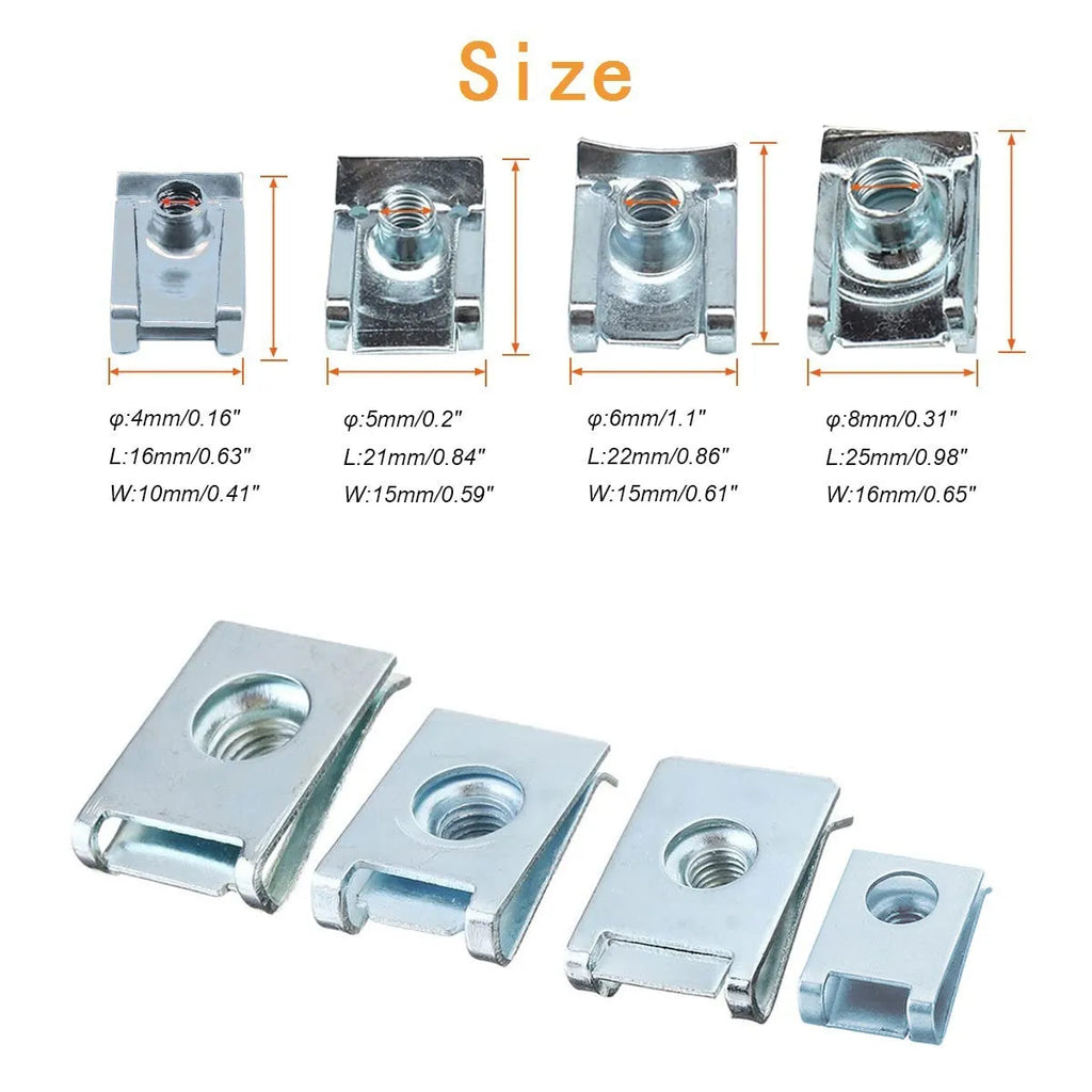 80 pieces self-tapping spring nut clips in metal tray, hardened steel with zinc coating