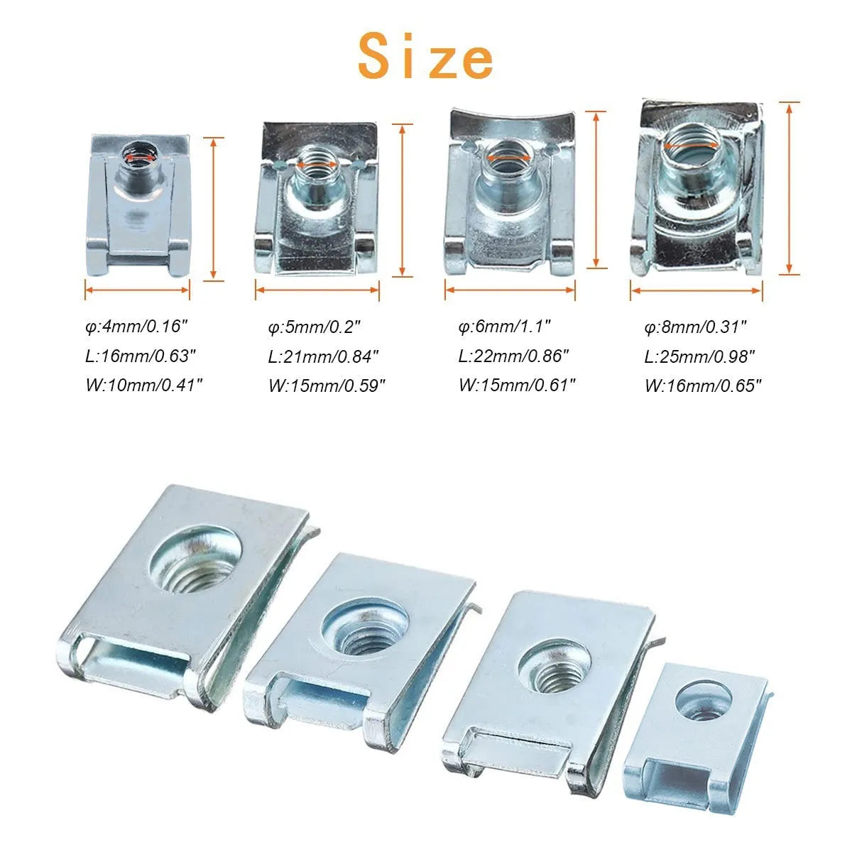 80 pieces self-tapping spring nut clips in metal tray, hardened steel with zinc coating