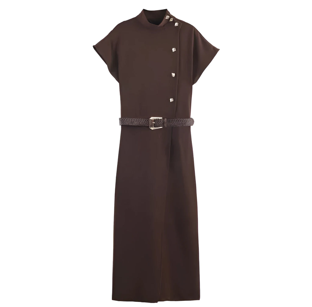 Belted hooded knitted dress in coffee stripe plaid with long sleeves and irregular pleated short skirt