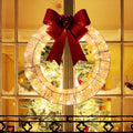 Gold and green 50cm LED Christmas wreath with large fabric bowknot and warm white lights