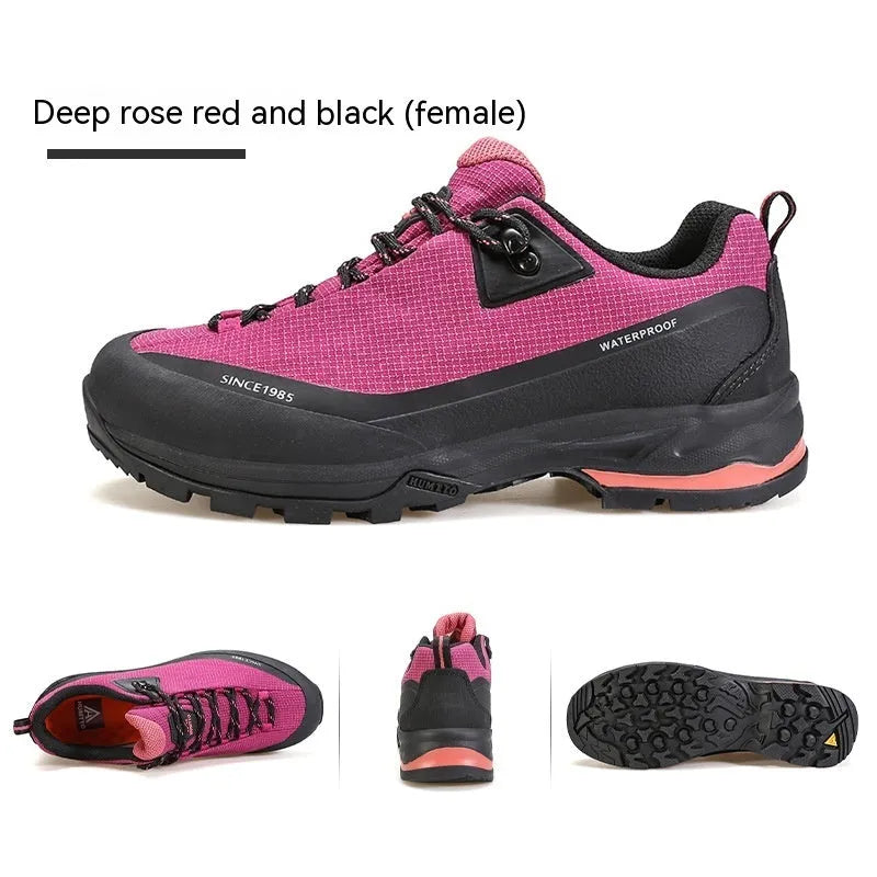 Men's low-top mountain climbing hiking boots in leather mesh with non-slip rubber sole
