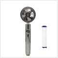 Chrome alloy turbocharged handheld shower head with stop button, five nozzles, and PP cotton filters
