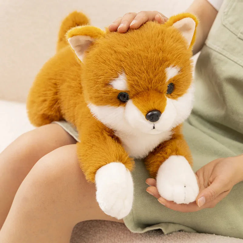Plush simulation Shiba Inu doll in brown lying posture, 35cm height, super soft short plush fabric