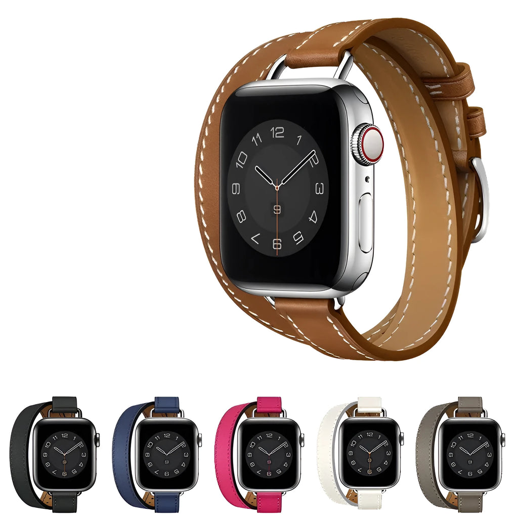 Double circle slim cowhide leather strap for Apple Watch 38-45mm in black finish