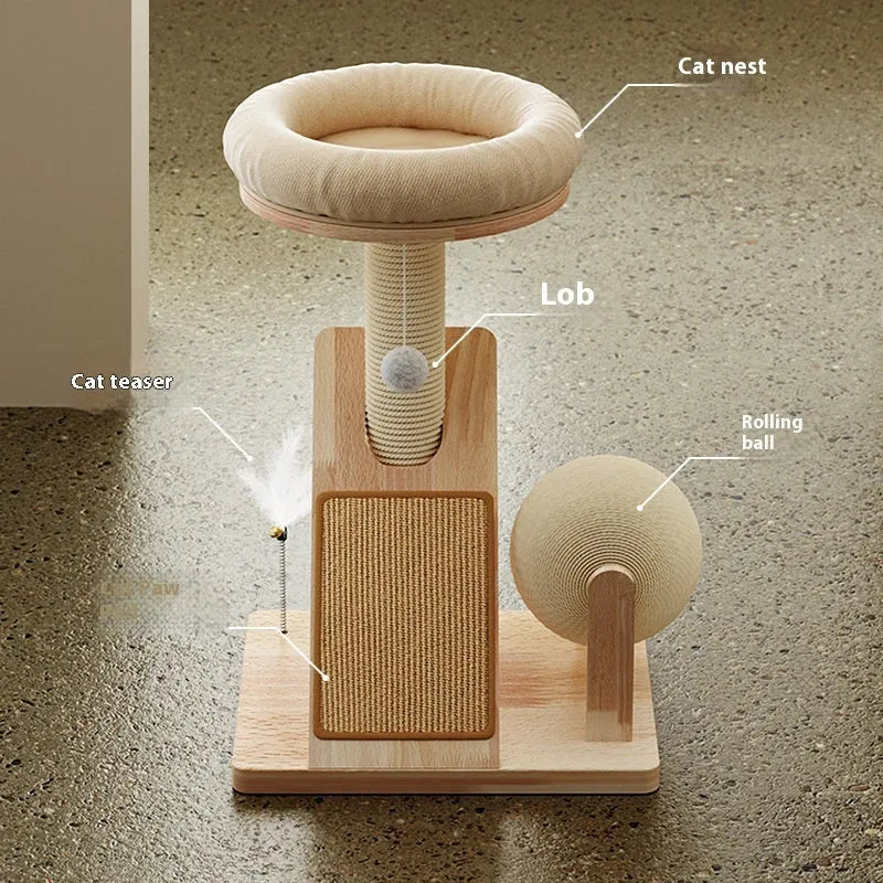 A compact cat climbing frame with sisal rope scratching posts and platforms in a natural jute colour.