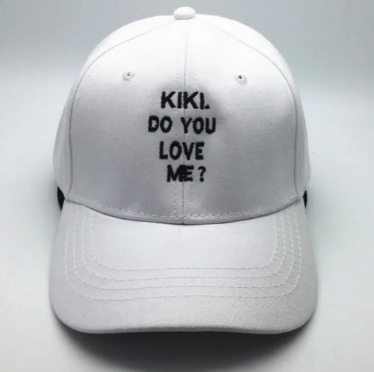 Black cotton baseball cap with white letter embroidery, curved brim, adult size
