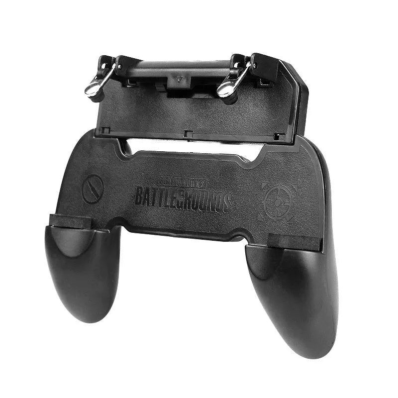 Black wired mobile phone gaming controller with ergonomic handle and physical buttons plugged into a smartphone.