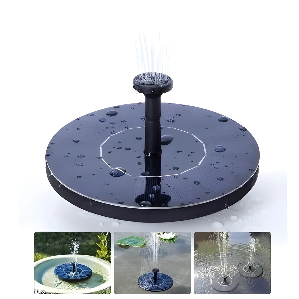 Black solar-powered garden water fountain pump with four different spray nozzle attachments