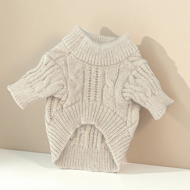 Beige wool dog sweater on a pet, solid colour knit, five sizes XS to XL available