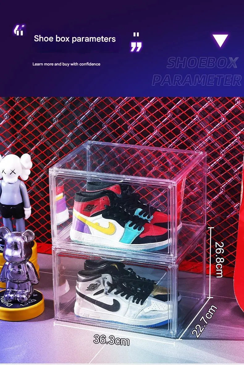 Transparent acrylic shoe storage box with magnetic side door and lid