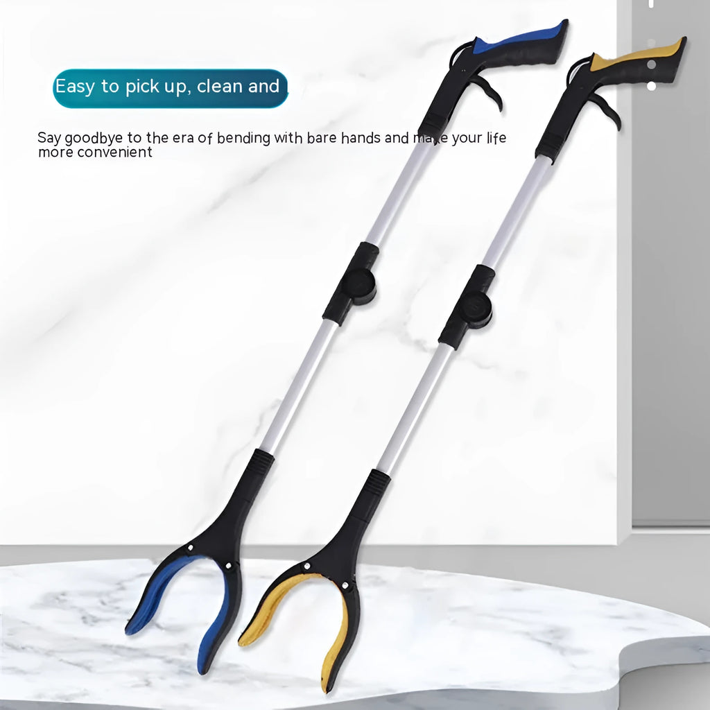 Foldable aluminium litter picker with magnet, shown extended and with blue handle.