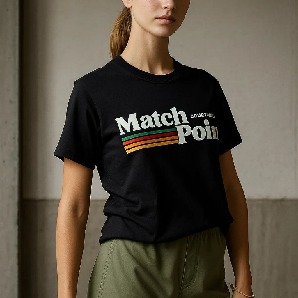 Black men's t-shirt with a white 3D digital printed text pattern on the front, showing a round neck and short sleeves.