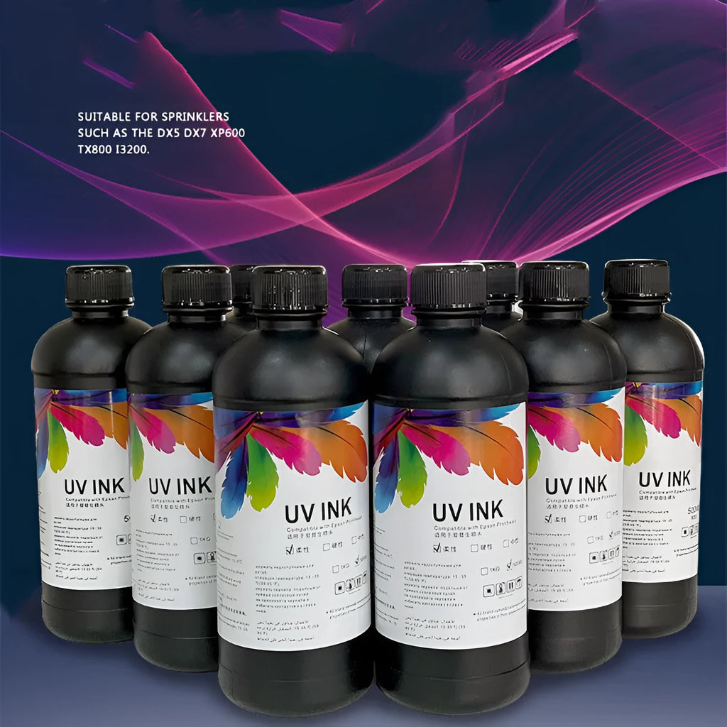 500ml bottle of Epson compatible UV printer ink for flatbed printers, showing colour and hardness options.